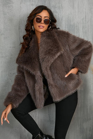 faux fur jacket womens waterfall collar short coat in chocolate brown 6 Alicefurs