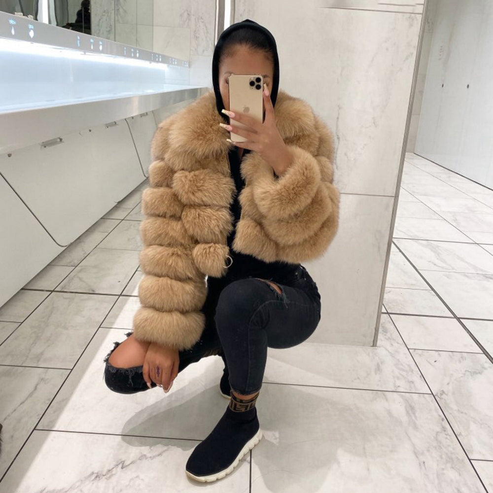 Faux Fur Jacket Zip Up Cropped Winter Outerwear for Women