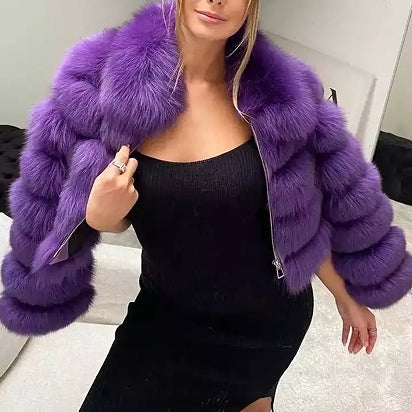 Faux Fur Jacket Zip Up Cropped Winter Outerwear for Women