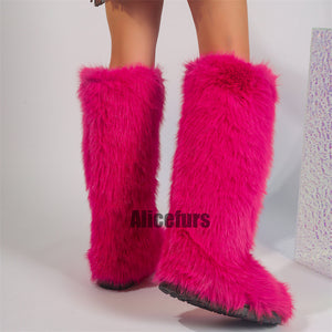 faux fur knee high boots for women in fuchsia 3 Alicefurs