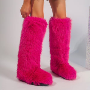 faux fur knee high boots for women in fuchsia Alicefurs