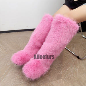 faux fur knee high boots for women in hot pink 1 Alicefurs