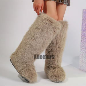 faux fur knee high boots for women in khaki 1 Alicefurs