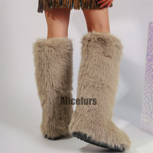 faux fur knee high boots for women in khaki 2 Alicefurs