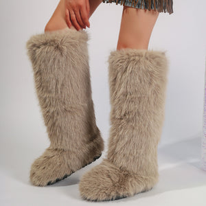 faux fur knee high boots for women in khaki Alicefurs