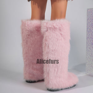 faux fur knee high boots for women in pink 4 Alicefurs