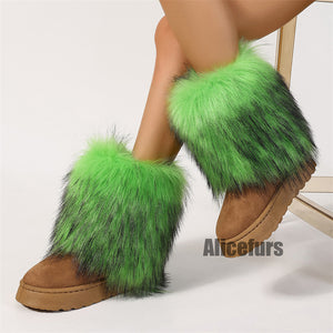 faux fur leg warmer boots in mid calf lime green 1 Alicefurs