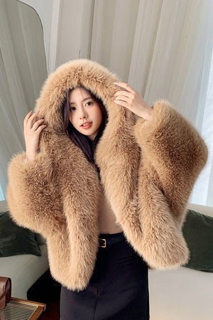faux fur oversized jacket hooded short fluffy coat for women in brown 1 Alicefurs