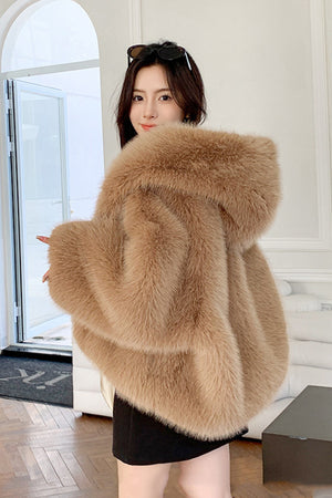 faux fur oversized jacket hooded short fluffy coat for women in brown 2 Alicefurs