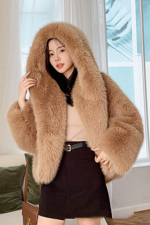 faux fur oversized jacket hooded short fluffy coat for women in brown Alicefurs