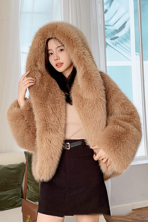 Faux Fur Oversized Jacket Hooded Short Fluffy Coat for Women