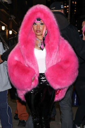faux fur oversized jacket hooded short fluffy coat for women in hot pink Alicefurs