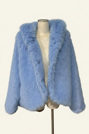 faux fur oversized jacket hooded short fluffy coat for women in sky blue Alicefurs