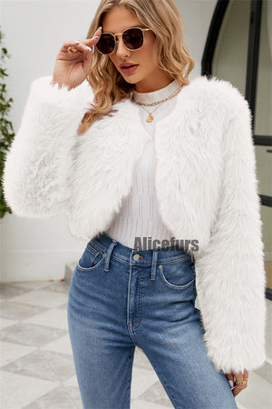 faux fur shrug long sleeves cropped furry jacket for women in white 1 Alicefurs