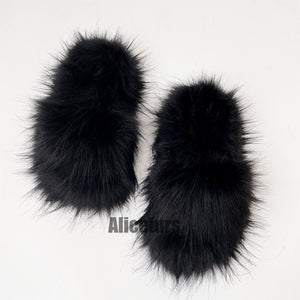 faux fur slides fluffy flat sandals for women in black Alicefurs