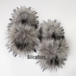 faux fur slides fluffy flat sandals for women in gray Alicefurs