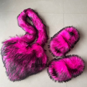 faux fur slides with matching heart shaped crossbody bag for women in hot pink Alicefurs