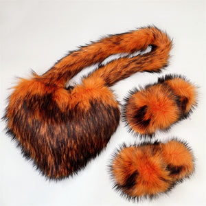 faux fur slides with matching heart shaped crossbody bag for women in orange Alicefurs