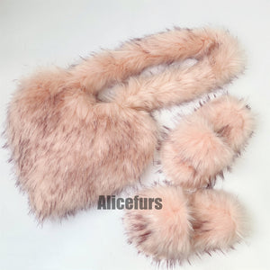 faux fur slides with matching heart shaped crossbody bag for women in pink Alicefurs