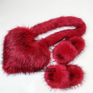 faux fur slides with matching heart shaped crossbody bag for women in red Alicefurs
