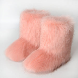 faux fur snow boots for women in coral pink Alicefurs