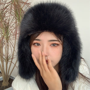 faux fur trapper hat winter fluffy cap for women in black Alicefurs