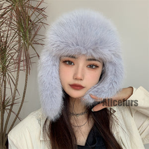 faux fur trapper hat winter fluffy cap for women in dusty blue 1 Alicefurs