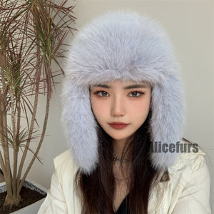 faux fur trapper hat winter fluffy cap for women in dusty blue Alicefurs