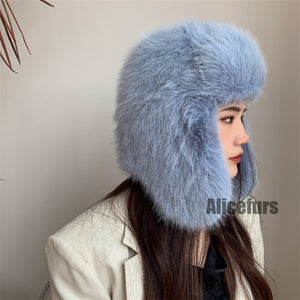 faux fur trapper hat winter fluffy cap for women in ocean blue 1 Alicefurs