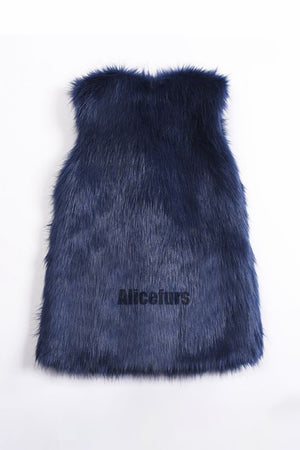 faux fur vest long fluffy v neck waistcoat for women in navy blue 1 Alicefurs