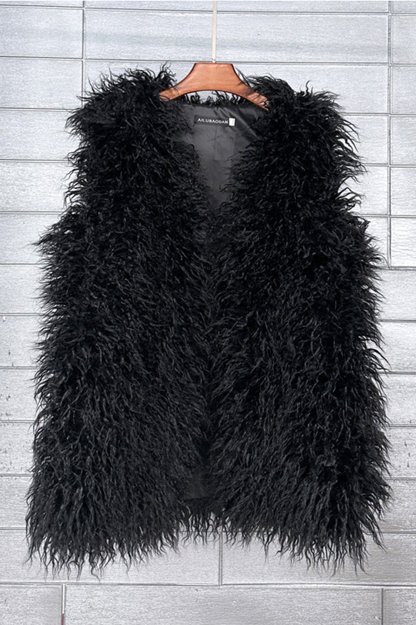 Faux Fur Vest Long Mongolian Fluffy Sleeveless Jacket for Women