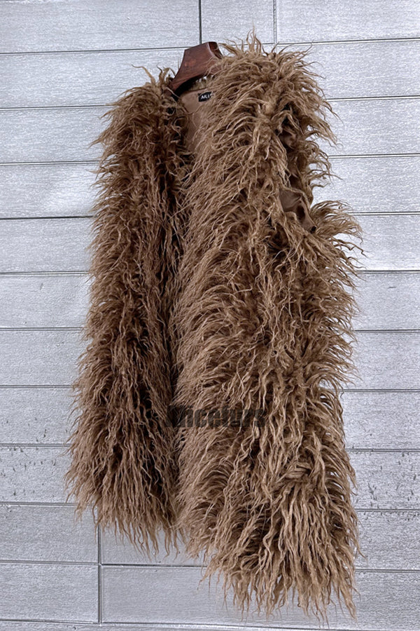 Faux Fur Vest Long Mongolian Fluffy Sleeveless Jacket for Women
