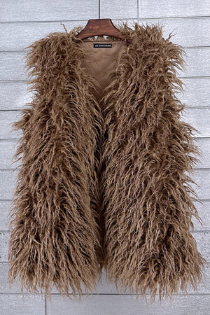 faux fur vest long mongolian fluffy sleeveless jacket for women in chocolate brown Alicefurs