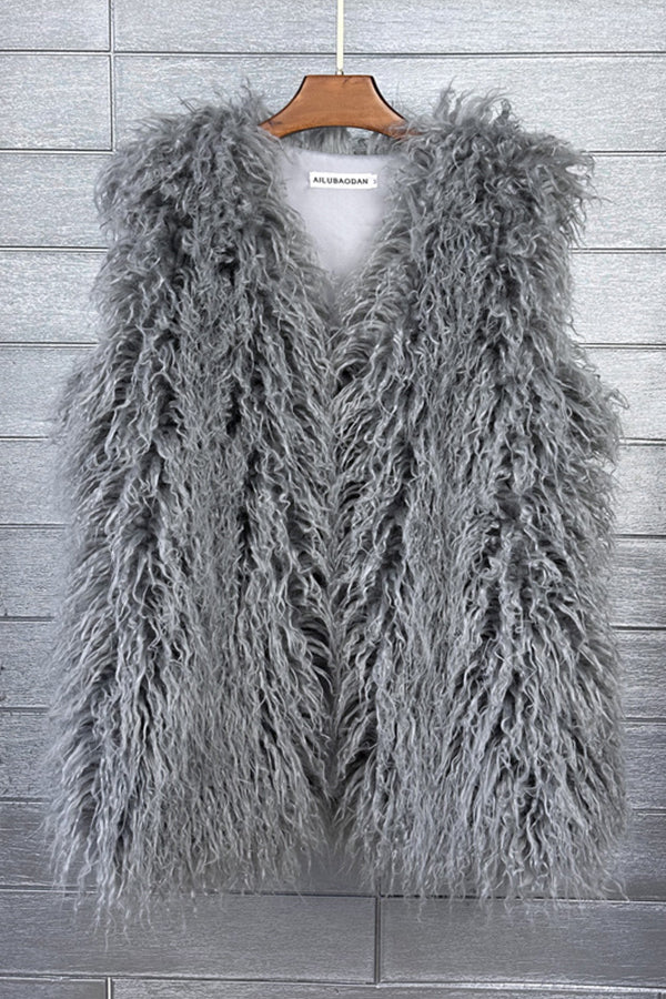 Faux Fur Vest Long Mongolian Fluffy Sleeveless Jacket for Women