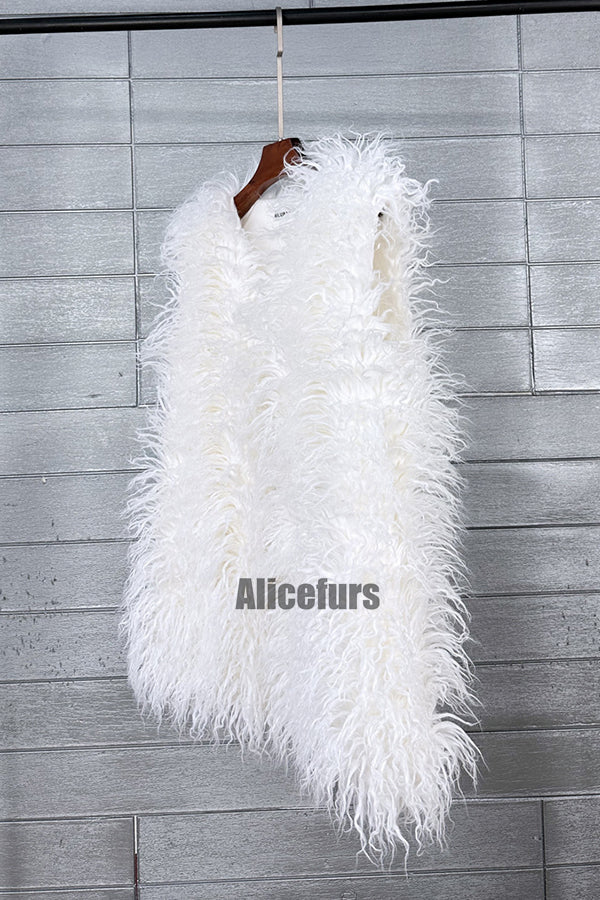 Faux Fur Vest Long Mongolian Fluffy Sleeveless Jacket for Women