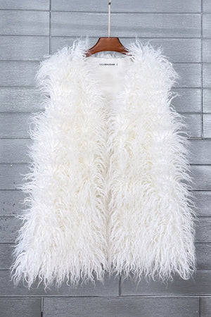 faux fur vest long mongolian fluffy sleeveless jacket for women in white Alicefurs