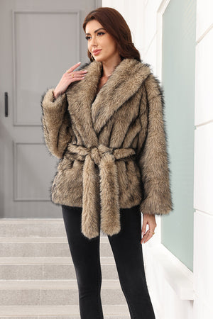 faux fur wrap coat womens belted casual fluffy jacket in brown 2 Alicefurs
