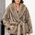 faux fur wrap coat womens belted casual fluffy jacket in brown Alicefurs
