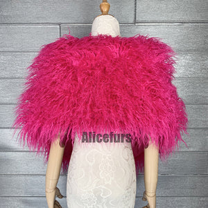 faux fur wrap mongolian lamb fur stole for women in fuchsia 4 Alicefurs
