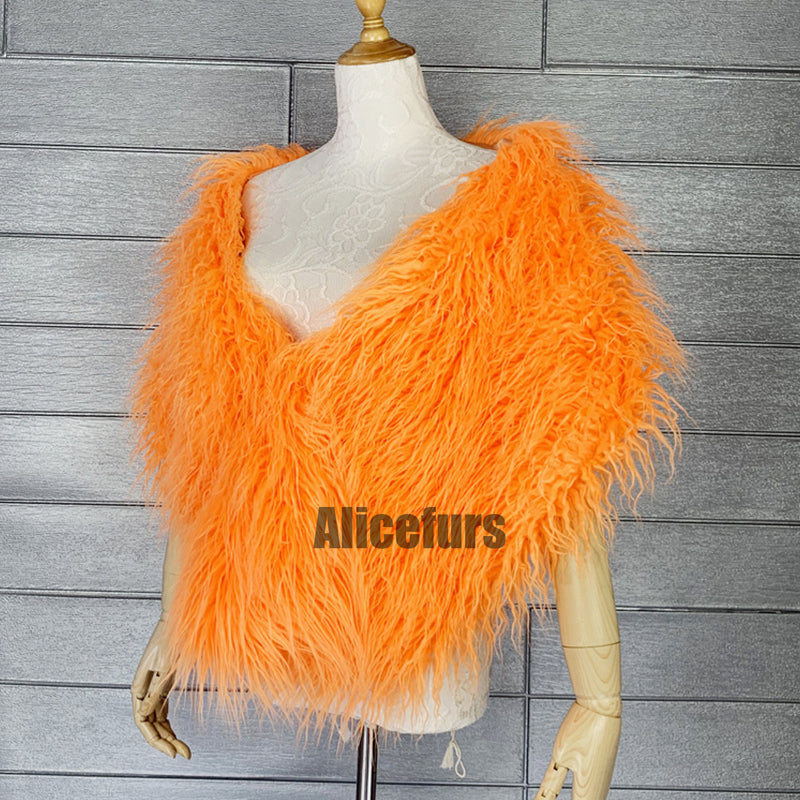 Faux Fur Wrap Mongolian Lamb Fur Stole for Women