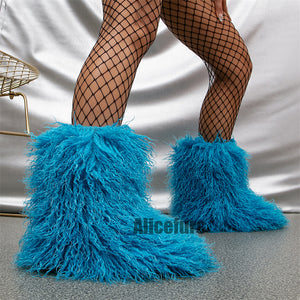 faux lamb fur boots winter curly long hair booties for women in cerulean blue 1 Alicefurs