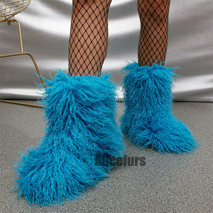 faux lamb fur boots winter curly long hair booties for women in cerulean blue 2 Alicefurs