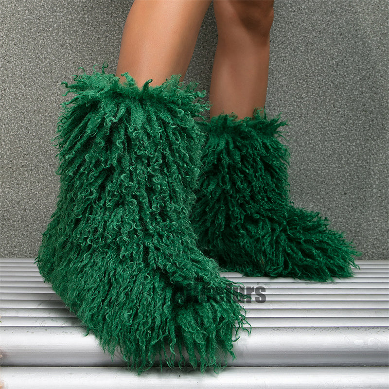 Botas de piel sintética de cordero para mujer, botines de pelo largo rizado para invierno