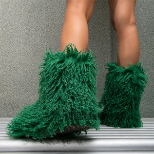 faux lamb fur boots winter curly long hair booties for women in dark green 2 Alicefurs