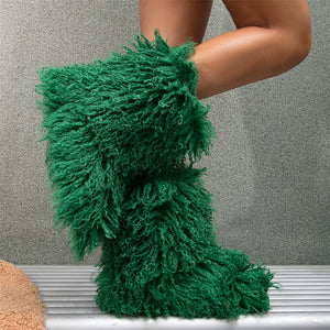 faux lamb fur boots winter curly long hair booties for women in dark green Alicefurs
