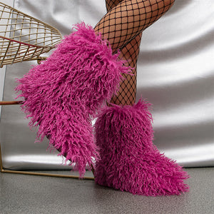 faux lamb fur boots winter curly long hair booties for women in fuchsia 1 Alicefurs