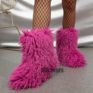 faux lamb fur boots winter curly long hair booties for women in fuchsia 2 Alicefurs