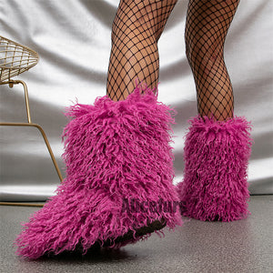 faux lamb fur boots winter curly long hair booties for women in fuchsia 3 Alicefurs