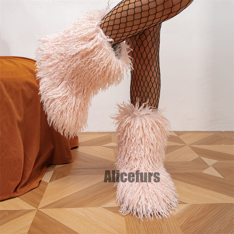 Botas de piel sintética de cordero para mujer, botines de pelo largo rizado para invierno
