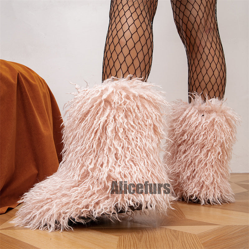 Botas de piel sintética de cordero para mujer, botines de pelo largo rizado para invierno